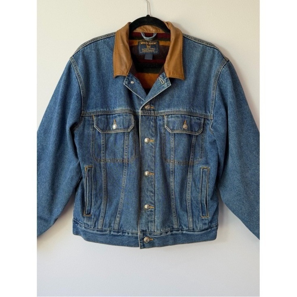 Vtg Woolrich Blanket Lined Denim Jacket Southwestern Barn Chore Aztec Trucker‎ M - Picture 2 of 10